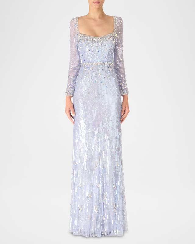 Kestra Embellished Long-Sleeve Sequin Gown